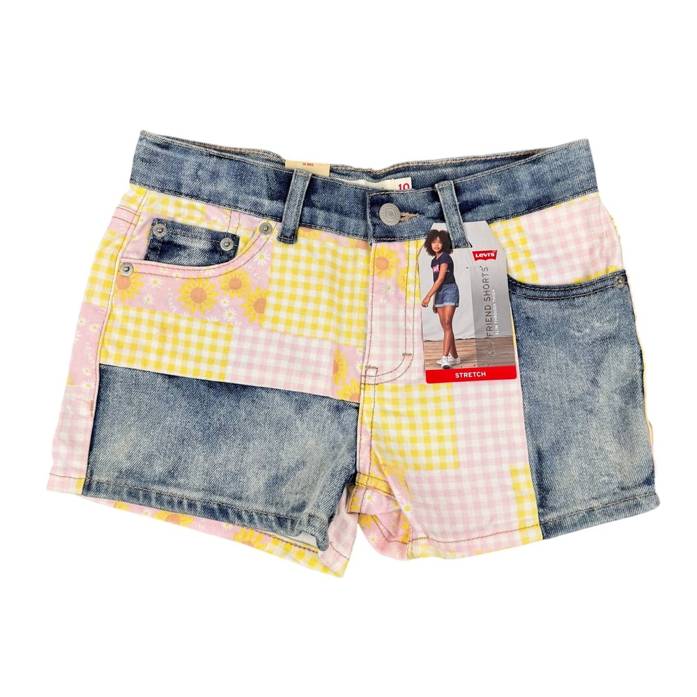 Levi's Girlfriend Shorts Girls Size 10 Blue Pink Yellow Patchwork Gingham Daisy